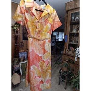 Vintage 1960 Marjorie Montgomery satin yellow orange flower dress size L